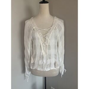 Ecote Lace Up Ivory Blouse Windowpane Semi Sheer Boho Cottage Coastal Top Medium